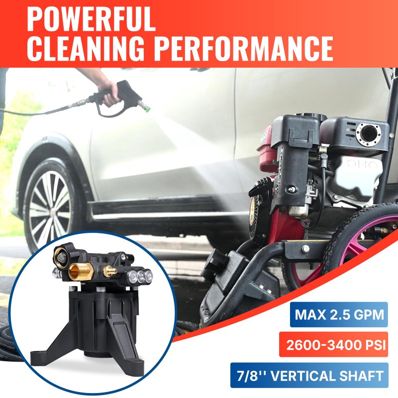 YAMATIC Vertical Pressure Washer Pump Max 3400 PSI 2.5 GPM, 7/8" Shaft Replacement Pump for Power Washer, Compatible with Simpson, Honda, Ryobi, Craftsman, GCV190 Rear Inlet/Outlet - Image 2